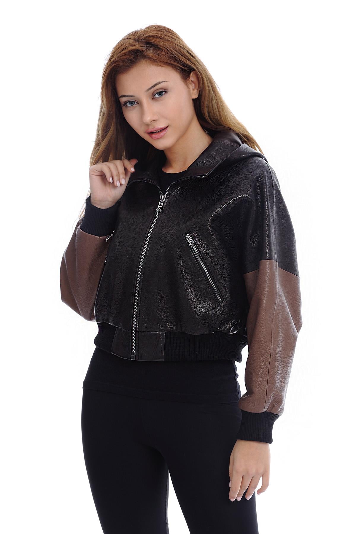 Women's Genuine Leather Classical Coat Hooded Elastic Waist Black-Beige BK-1373-19634 FA2