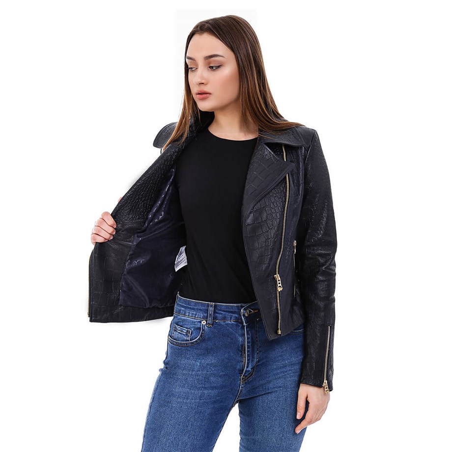 Kadın Gerçek Deri Spor Biker Ceket Siyah PZR-BK-1144-20067 FA5