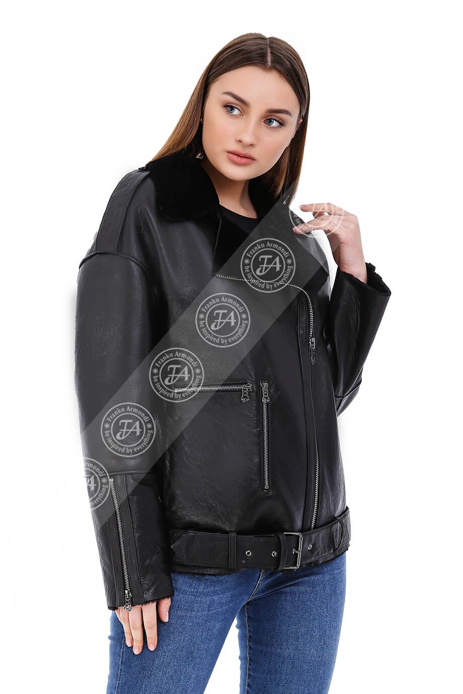 Kadın Gerçek Deri Spor Biker Kışlık Mont Siyah BK-1573-20213 FA5