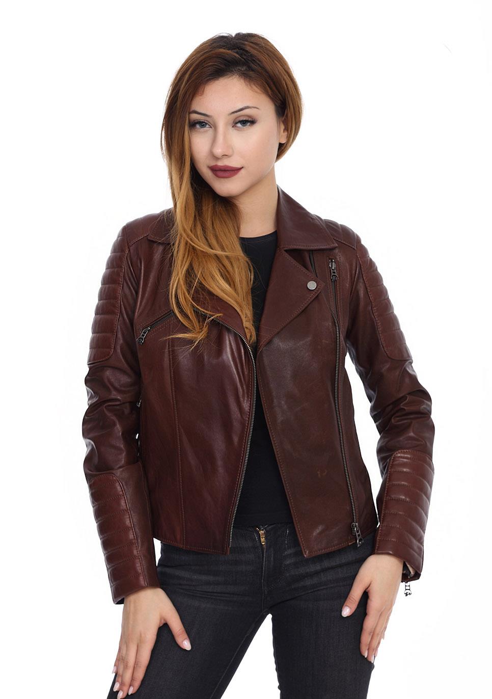 Kadın Gerçek Deri Spor Biker Mont Fındık Kahve bk-574-17444 FA2