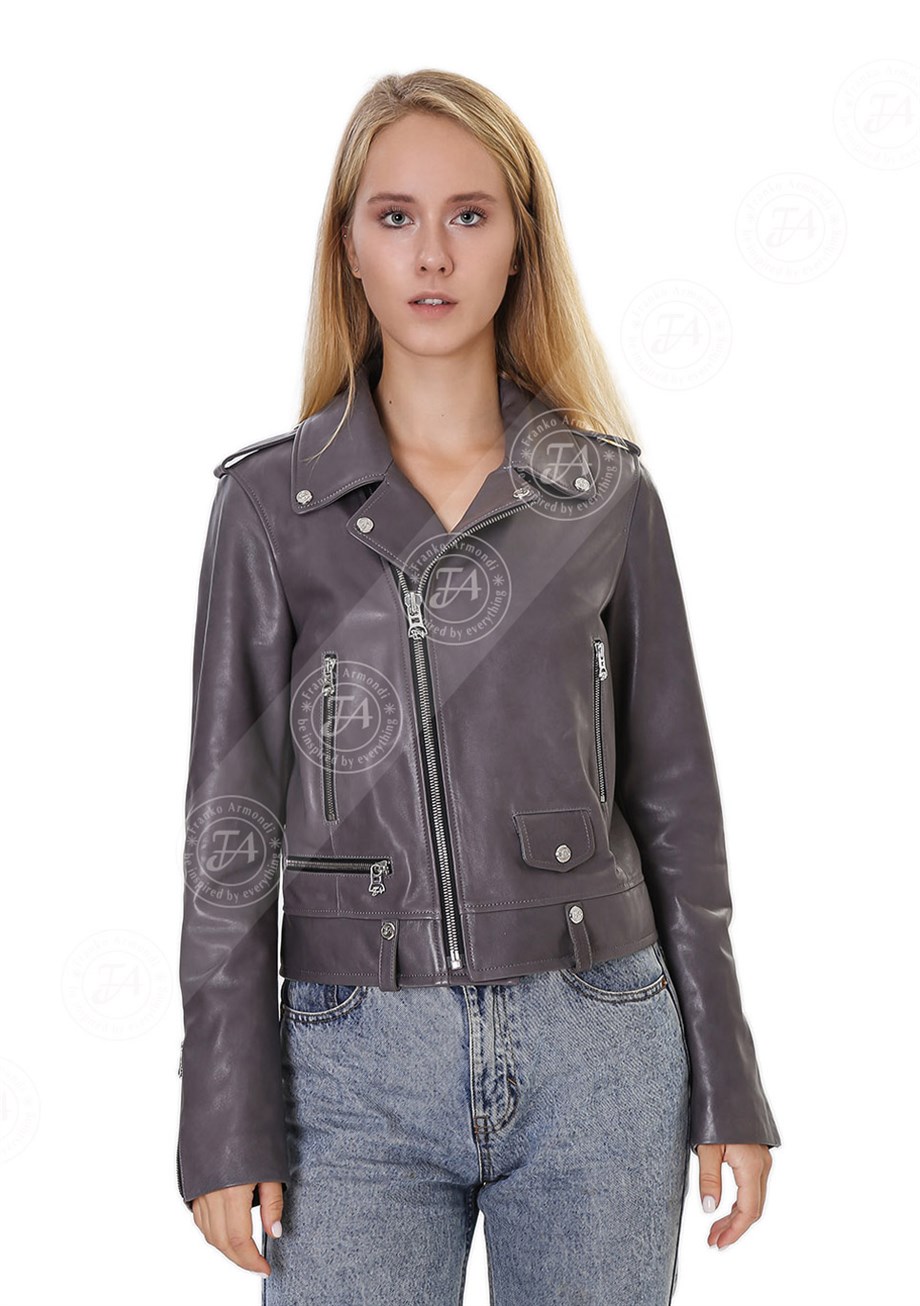 Kadın Gerçek Deri Spor Biker Mont Gri BK-1569-19954 FA4