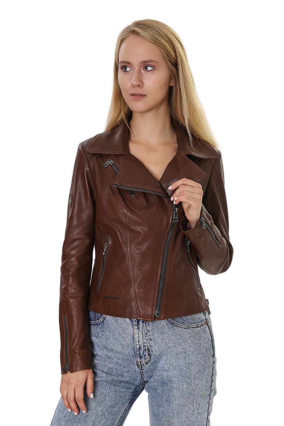 Kadın Gerçek Deri Spor Biker Mont Kahve BK-1149-19919 FA4