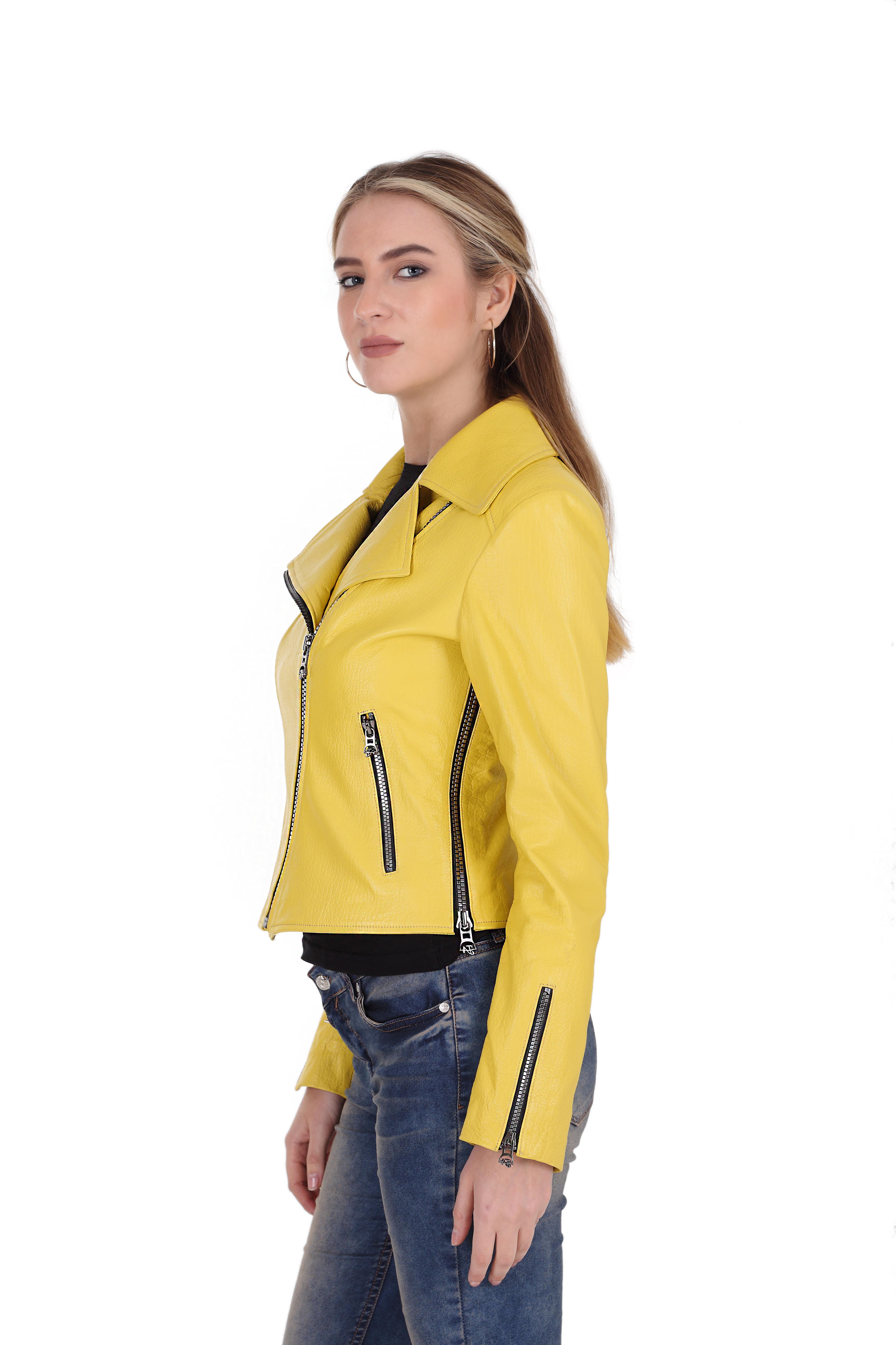 Kadın Gerçek Deri Spor Biker Mont Sarı BK-1149-19551 FA2