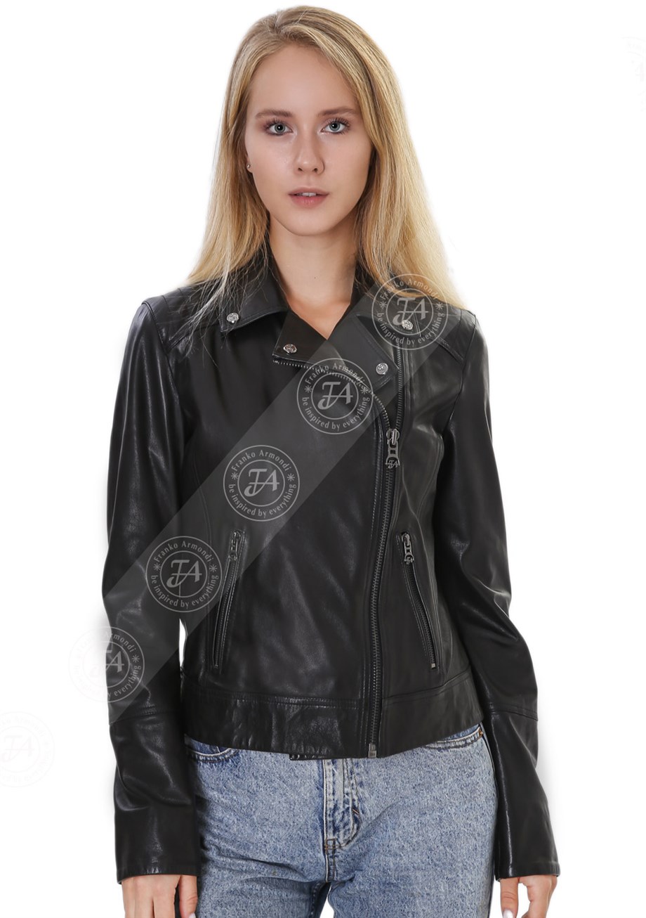 Kadın Gerçek Deri Spor Biker Mont Siyah BK-1480-19761 FA4