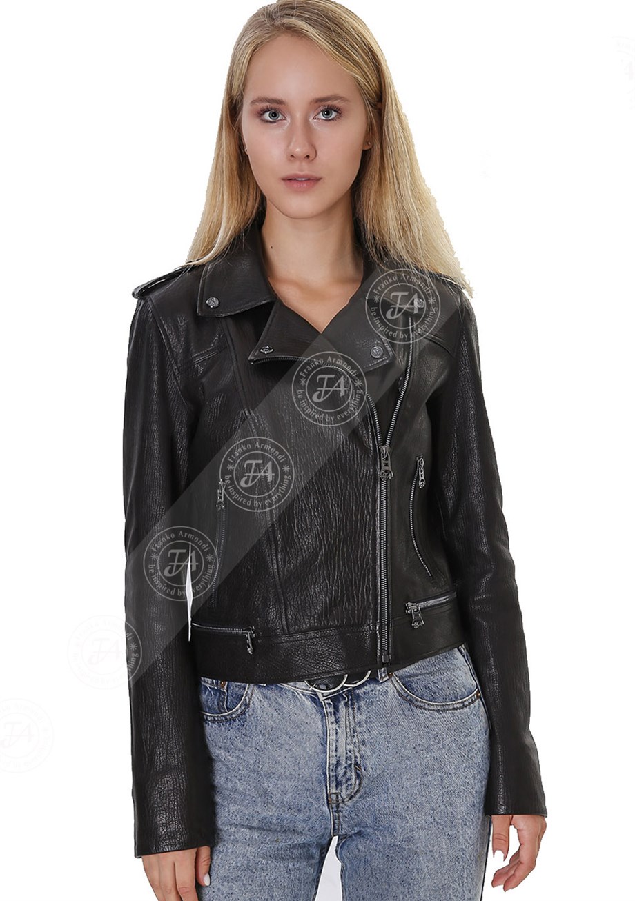 Kadın Gerçek Deri Spor Biker Mont Siyah BK-1534-19845 FA4