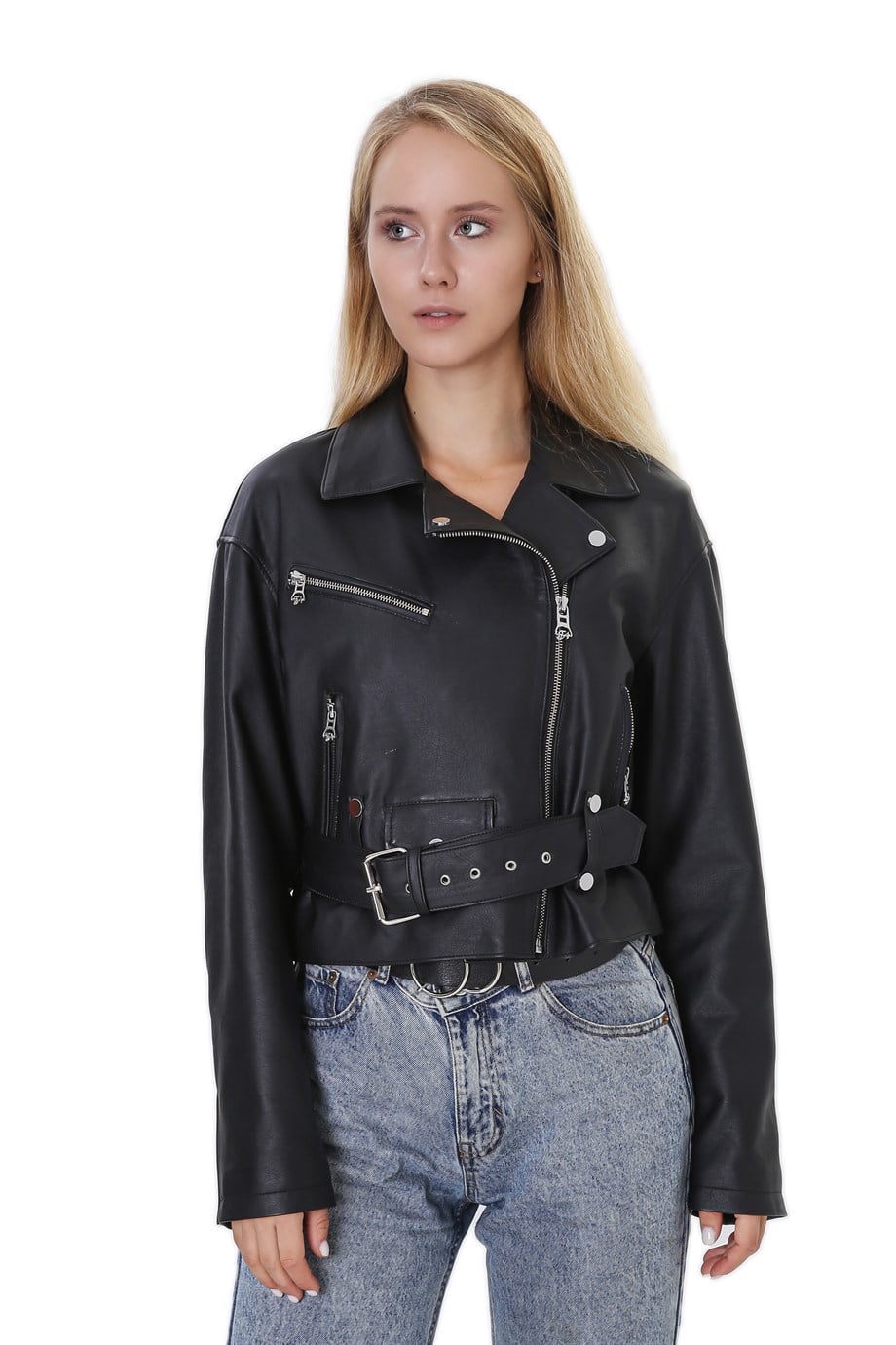 Kadın Gerçek Deri Spor Biker Mont Siyah BK-1547-19891 FA4