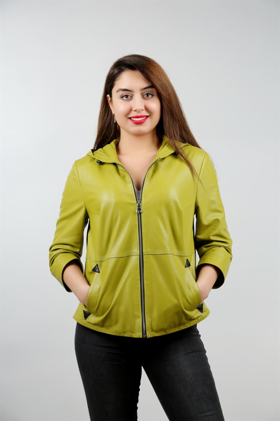Kadın Gerçek Deri Spor Ceket Kapşonlu Oversize Sarı B-997-18391 FA1