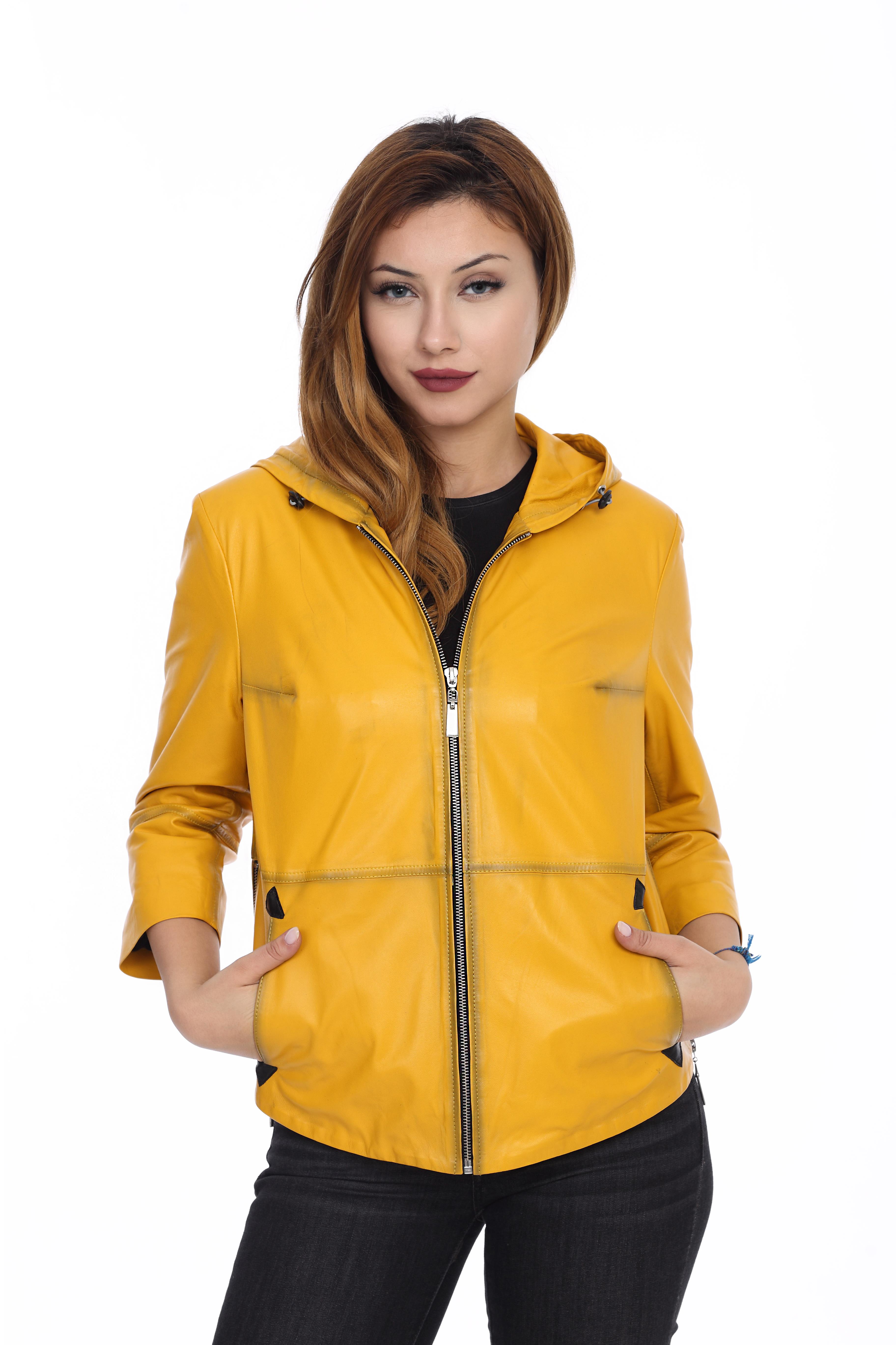 Kadın Gerçek Deri Spor Ceket Kapşonlu Oversize Sarı B-997-18391 FA1