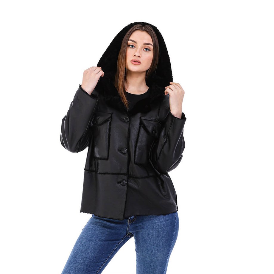 Kadın Gerçek Deri Spor Kışlık Kapionlu Oversize Mont Siyah BK-1614 -20080 FA5