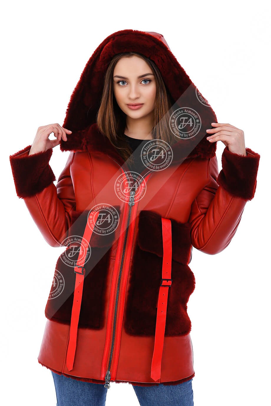 Kadın Gerçek Deri Spor Luxury Kapşonlu Kaban Kırmızı BKU-1616 - 20208 FA5