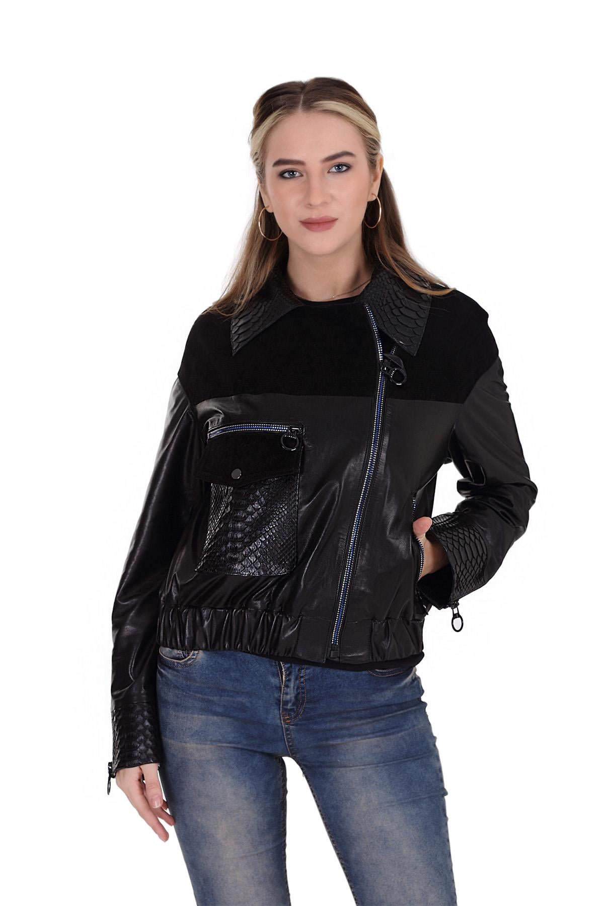 Kadın Gerçek Deri Spor Mont Beli Lastikli  Siyah  BK-1427 A-19597 FA2