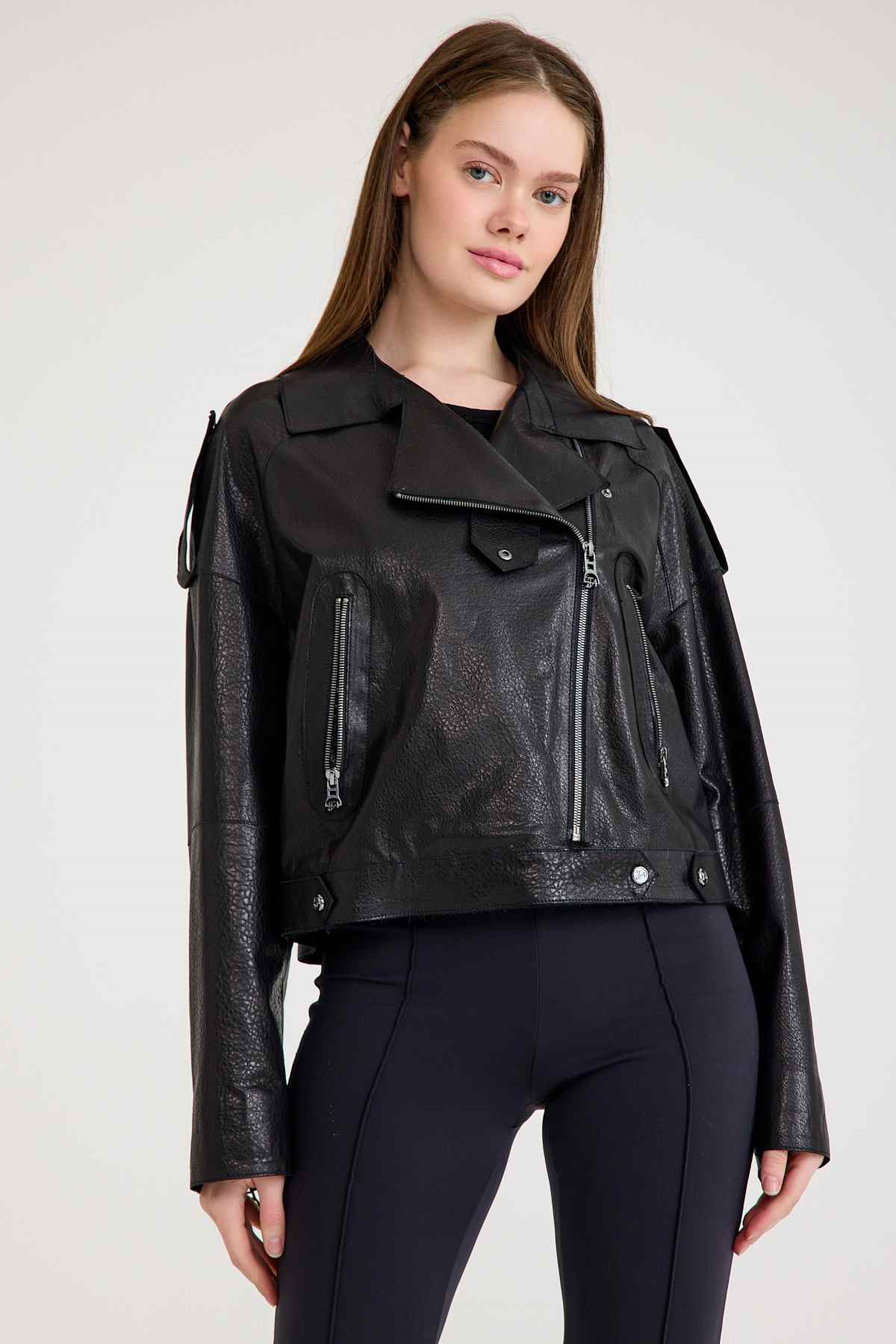 Oversize Bayan Deri Ceket – VB-3 BK-2497 - 23371