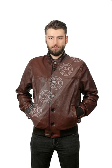 Erkek Gerçek Deri Klasik Mont Beli Lastikli Düğmeli Fındık Kahve KLJ-915-18151