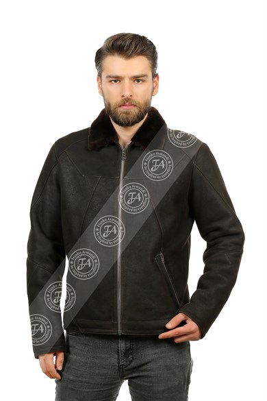 Erkek Gerçek Deri Kürk Kışlık Spor Mont Fermuarlı Kahve K-1006-18903