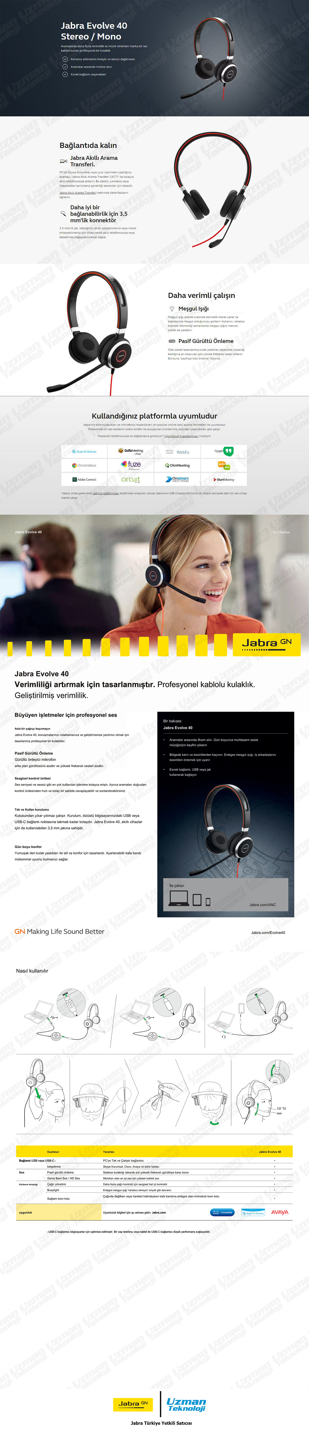Jabra Evolve 40 Duo USB NC MS Kulak Üstü Kulaklık Özellikleri