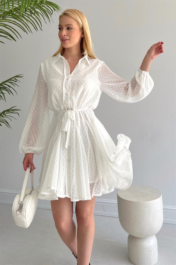 Fabric Detailed Flared Dress White - reyontoptan.com