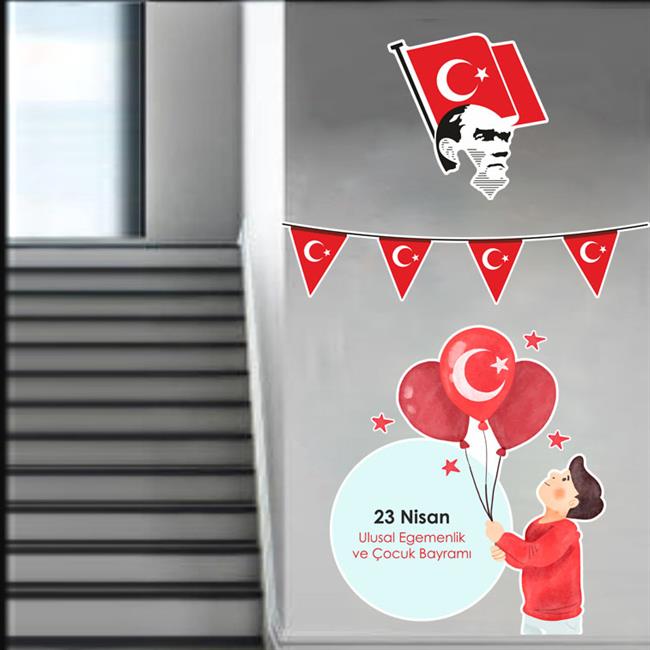 23 Nisan Sticker Seti, Yirmi Üç Nisan Atatürk Ve Çocuk Okul Kreş Cam Duvar Süslemesi Sticker Seti