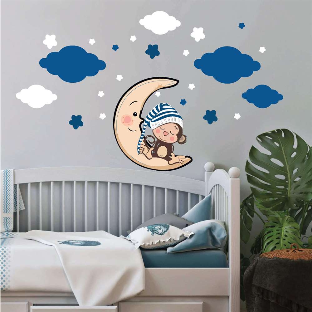 Lacivert Uyuyan Maymun Bebek Çocuk Odası Duvar Sticker | Dijitalya