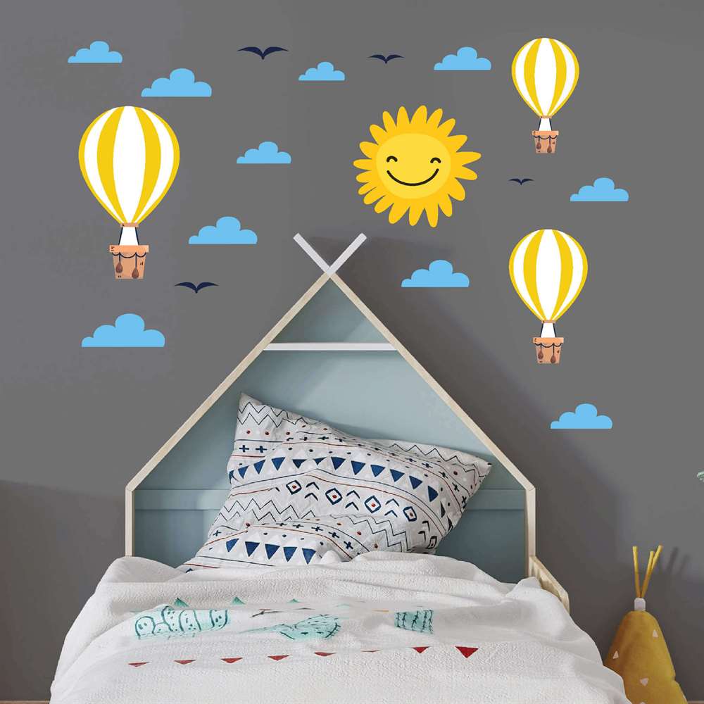 Mavi Uçan Balonlar Bebek Çocuk Odası Duvar Sticker | Dijitalya