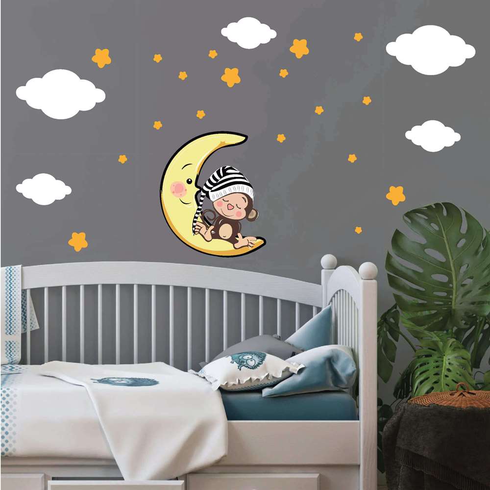 Dijitalya | Sarı Uyuyan Maymun Bebek Çocuk Odası Duvar Sticker - STC23