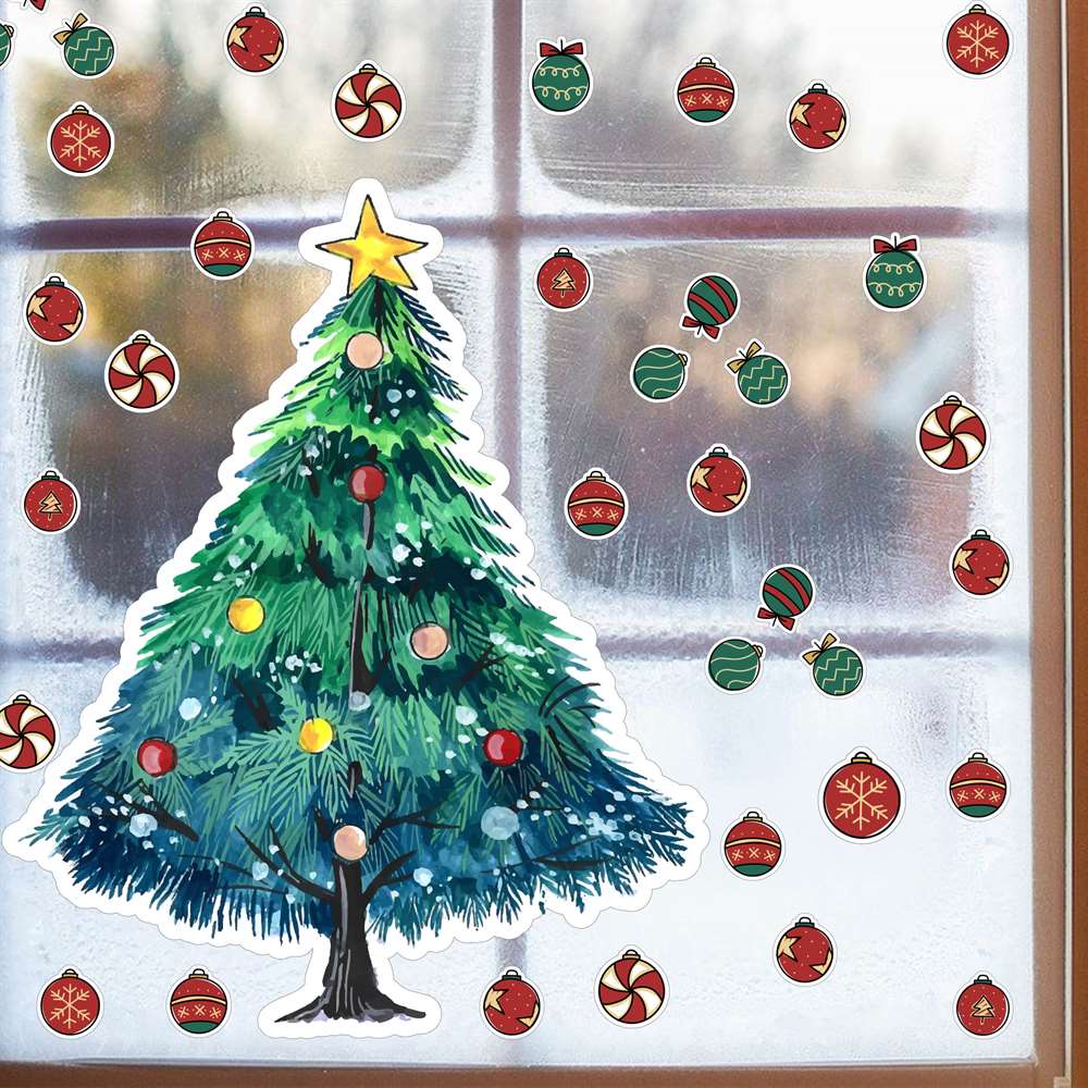 Yenı Yıl Yılbaşı Ağacı Sticker Cam Duvar Süsleme Çıkartma Seti | Dijitalya