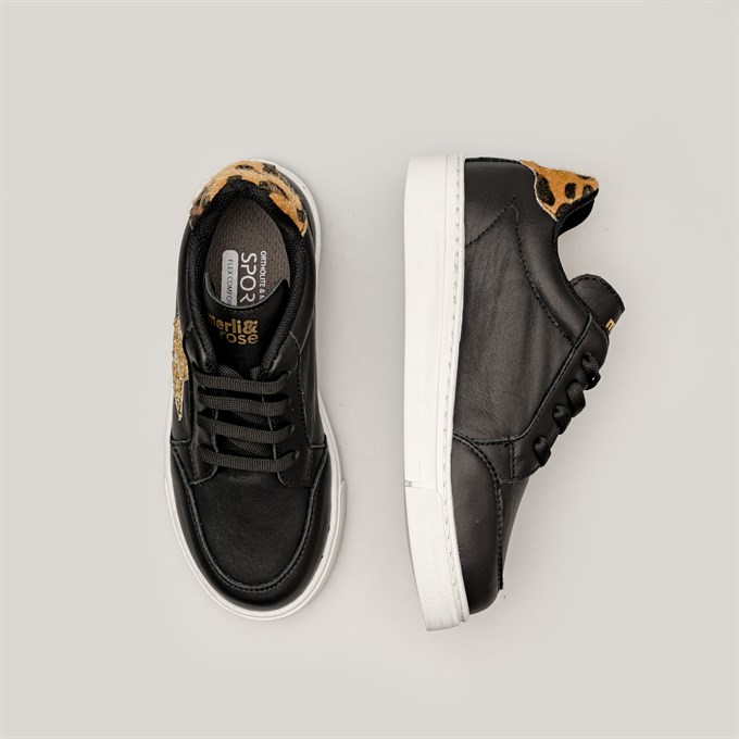 Merli&Rose Star Büyük Çocuk Sneaker | Siyah-Leopar-Gold
