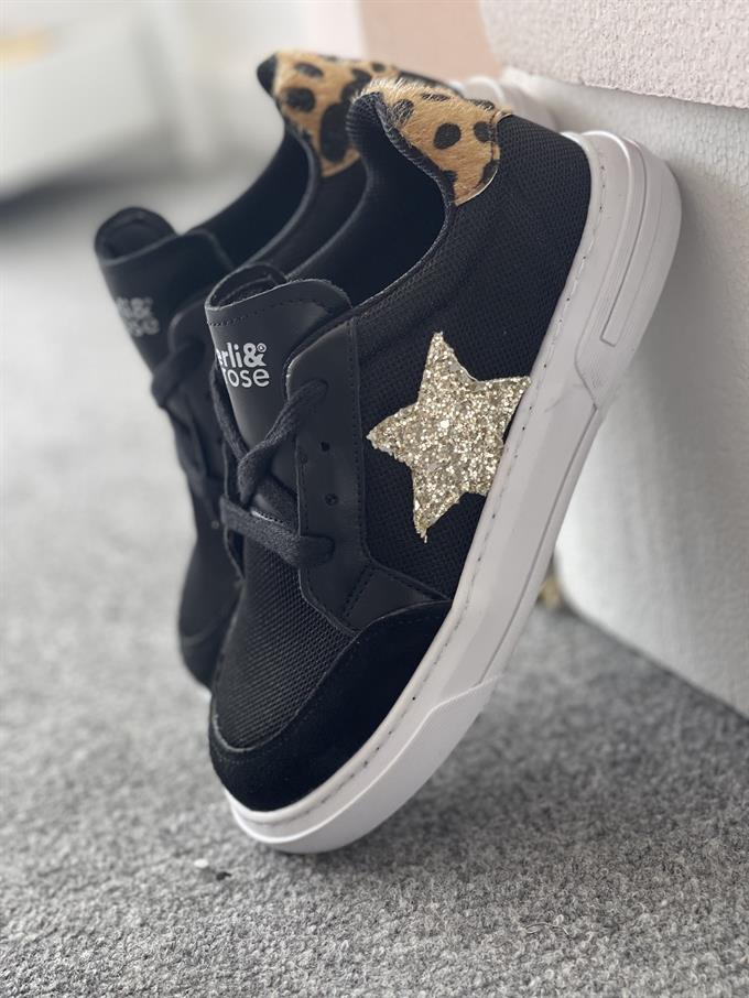 Merli&Rose Star Yazlık Büyük Çocuk Sneaker | Siyah-Leopar-Gold