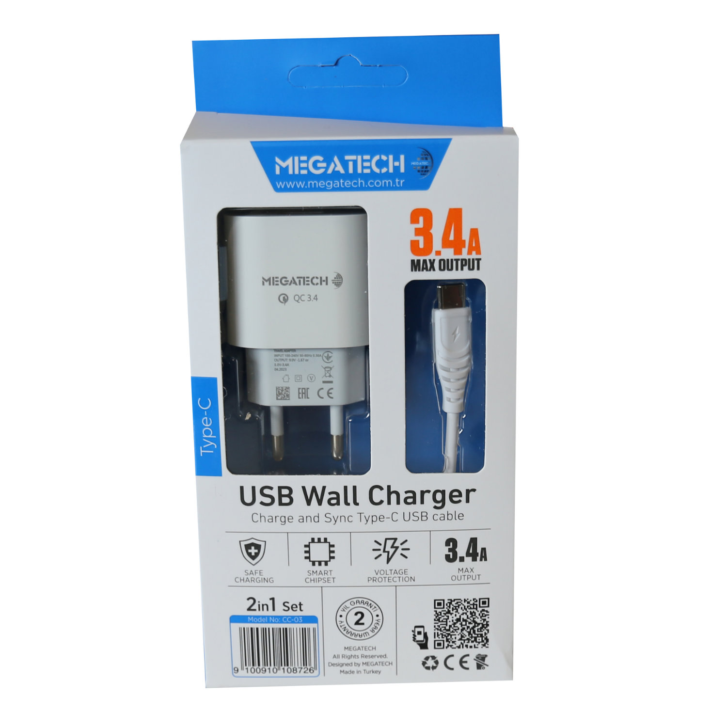 Megatech 3.4A Hızlı Şarj Adaptörü ve Type-C USB Kablo CC-03