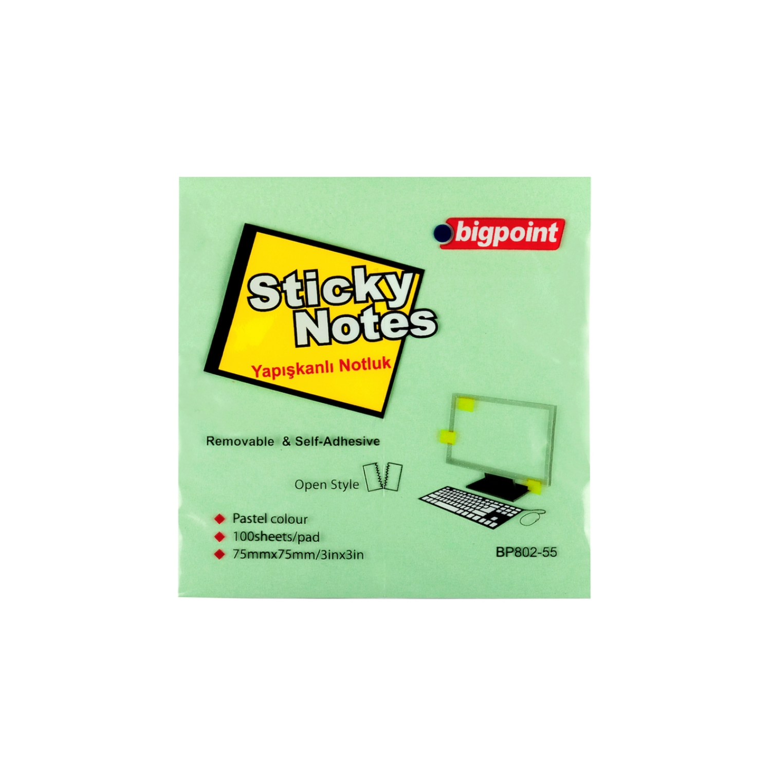 Bigpoint Yapışkanlı Not Kağıdı 75x75mm 100 Yaprak Yeşil BP802-15