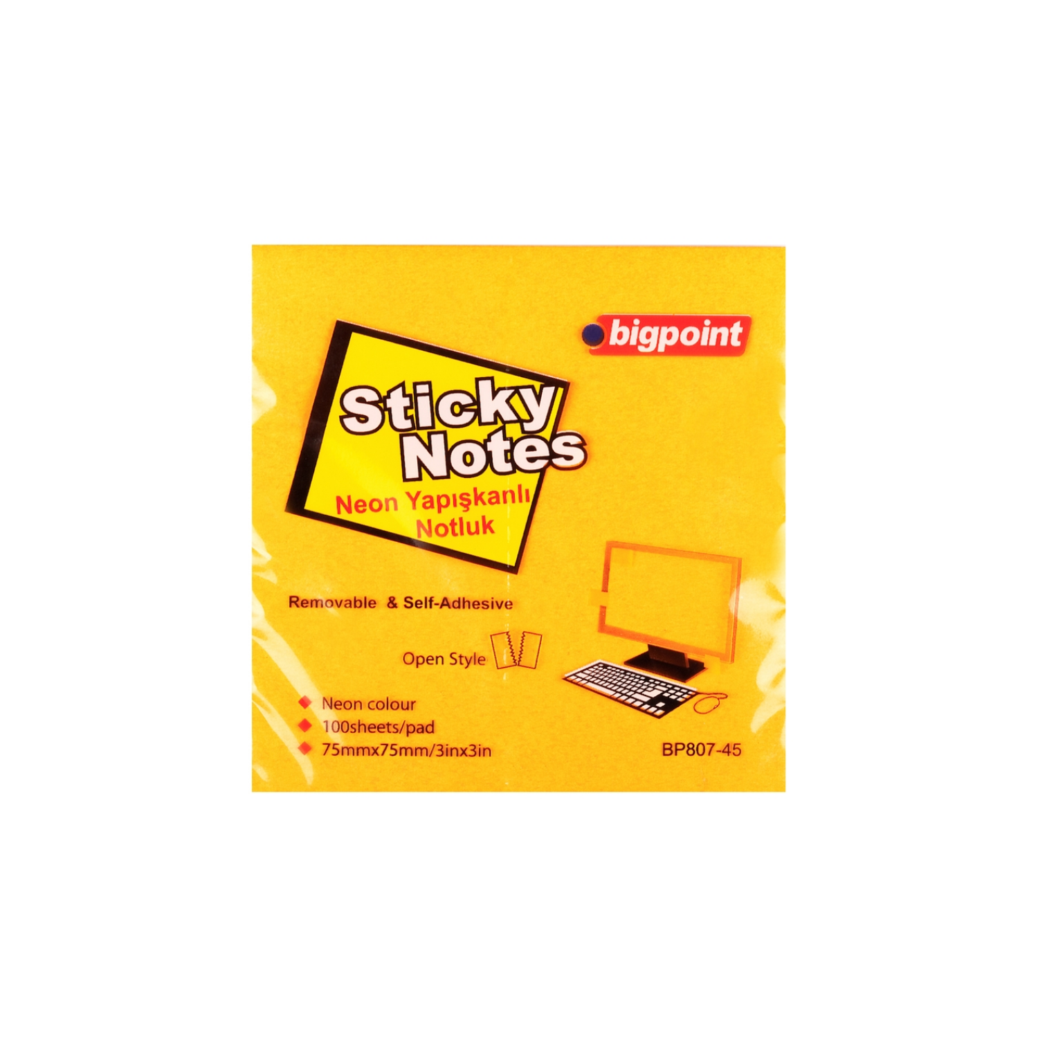 Bigpoint Yapışkanlı Not Kağıdı 75x75mm 100 Yaprak Neon Turuncu BP807-45