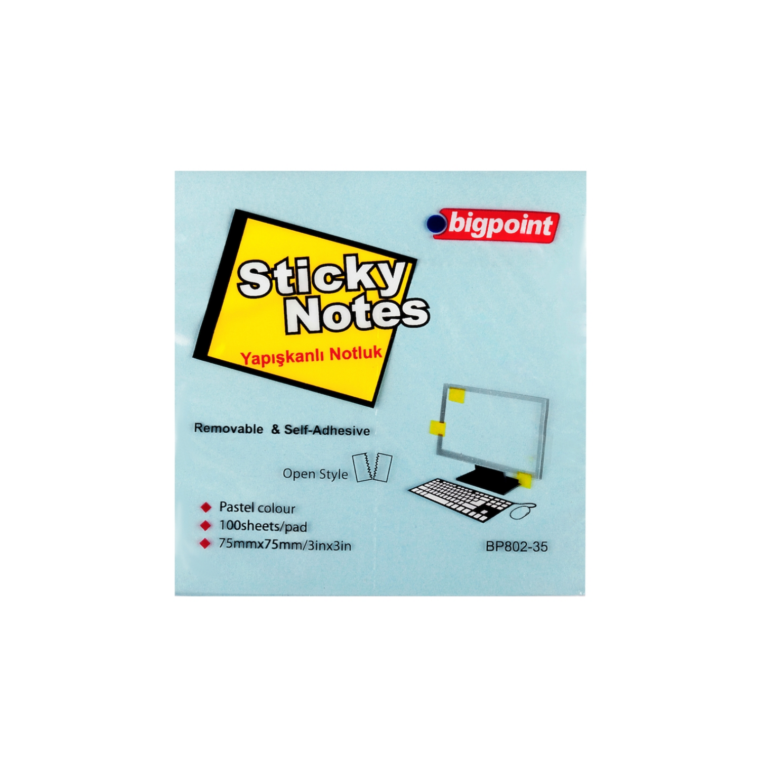 Bigpoint Yapışkanlı Not Kağıdı 75x75mm 100 Yaprak Mavi BP802-35
