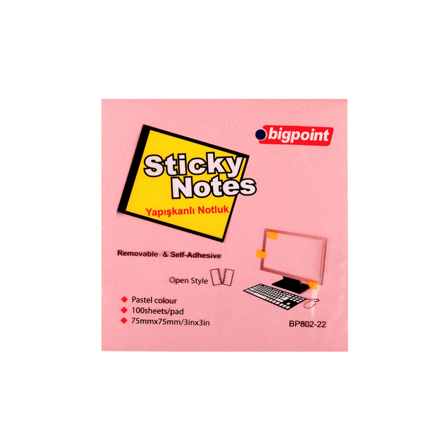 Bigpoint Yapışkanlı Not Kağıdı 75x75mm 100 Yaprak Pembe BP802-22