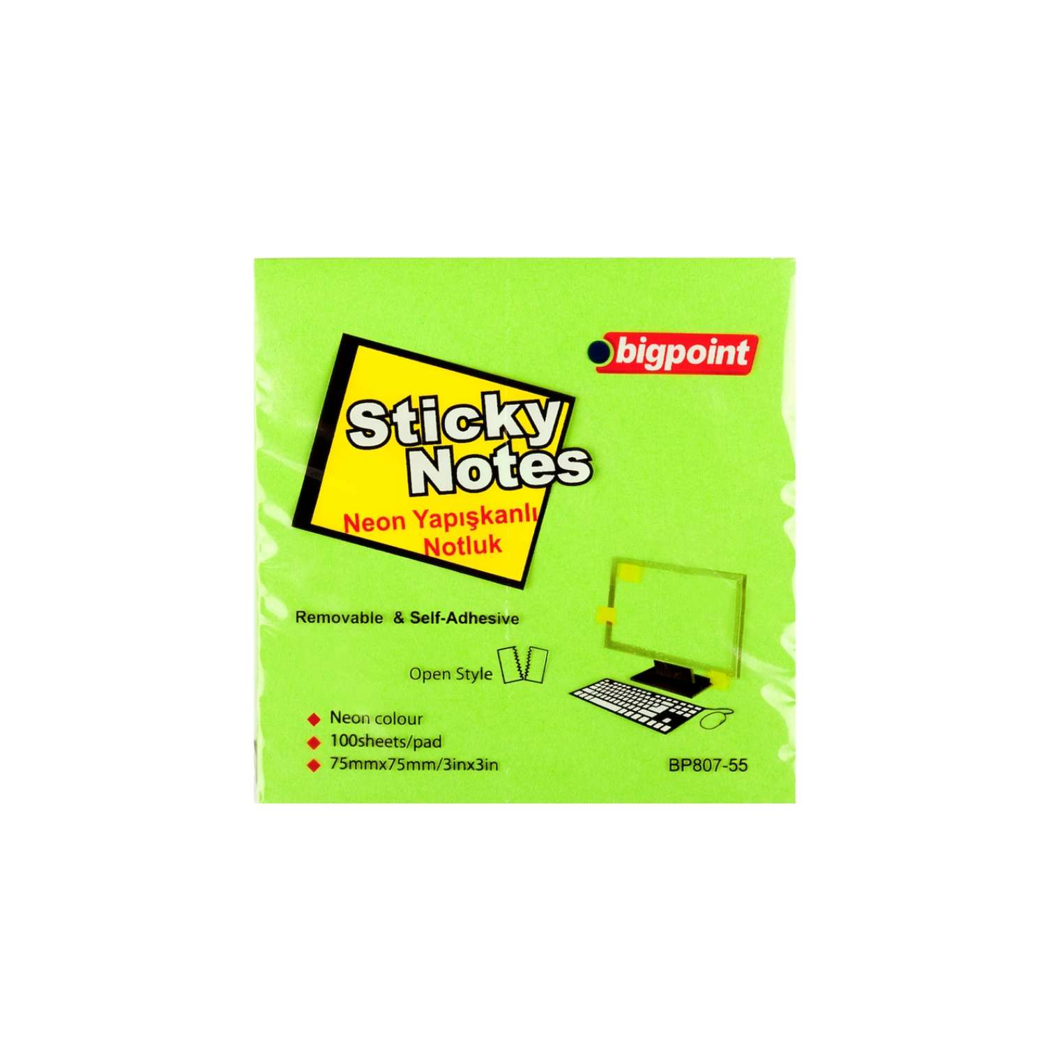Bigpoint Yapışkanlı Not Kağıdı 75x75mm 100 Yaprak Neon Yeşil BP807-55
