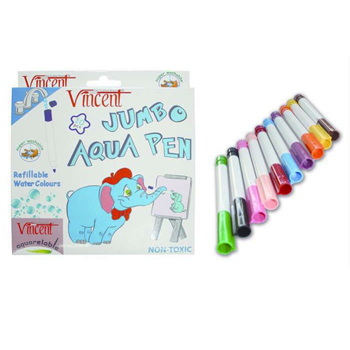 Vincent Su Doldurulabilir Keçeli Kalem 10 Renkli - Jumbo Aqua Pens