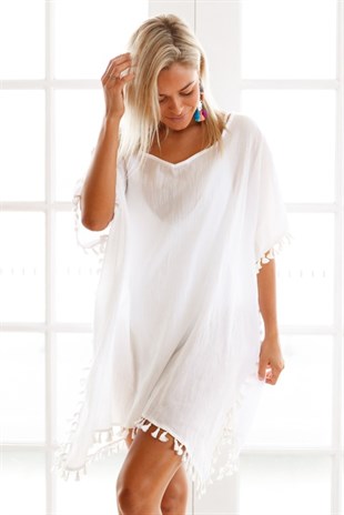 Angelsin Beyaz Püsküllü Pareo Mayo Bikini Üstü Plaj Elbisesi
