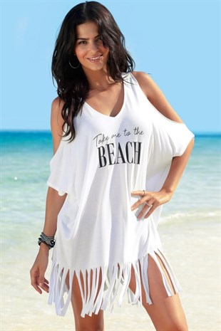 Angelsin Beyaz Üstü Yazılı Püsküllü Pareo Mayo Bikini Üstü Plaj Elbisesi