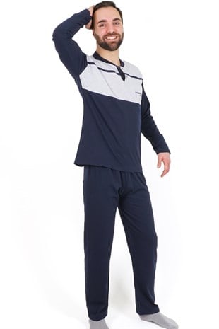 Erkek Pijama Takımı Lacivert Uzun Kollu Pamuklu Erkek Pijama Takım
