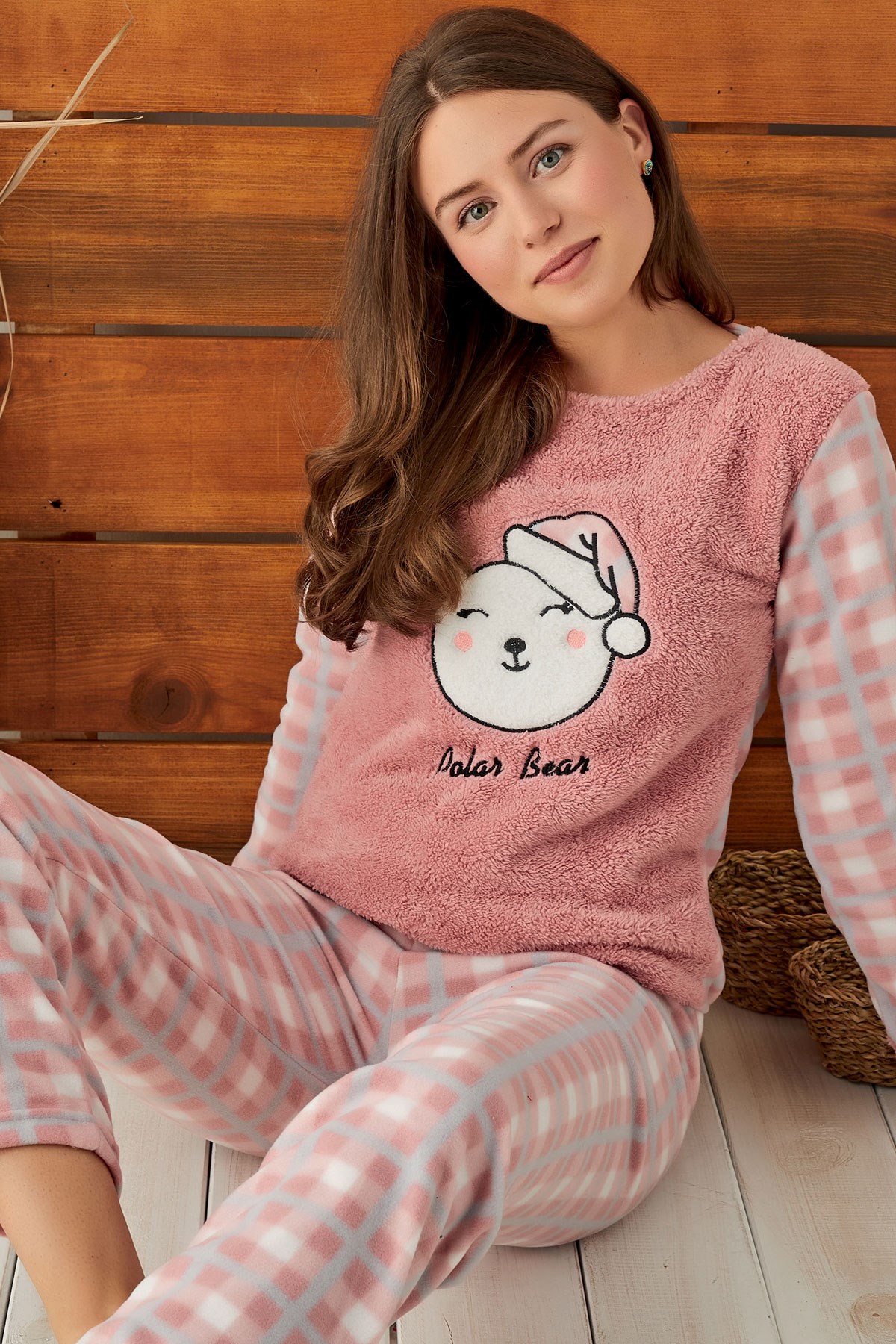 Uzun Kol Polar Kışlık Bayan Kadın Pijama Takımı Pembe Alt Üst Takım