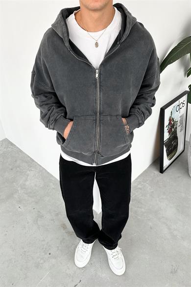 Acid Wash Basic Yıkamalı Tam Fermuar Oversize Sweatshirt