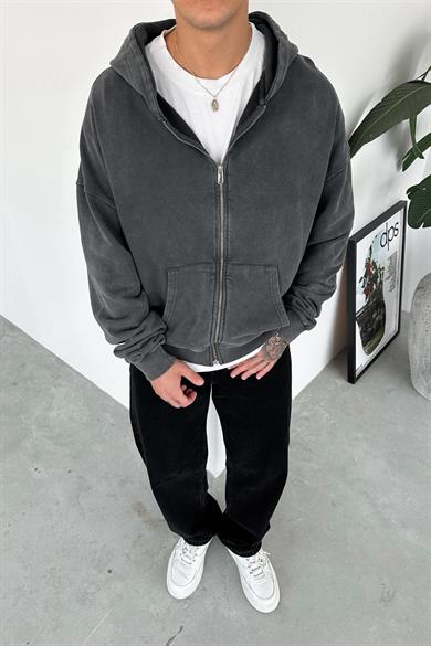 Acid Wash Basic Yıkamalı Tam Fermuar Oversize Sweatshirt