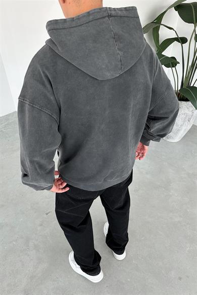 Acid Wash Basic Yıkamalı Tam Fermuar Oversize Sweatshirt