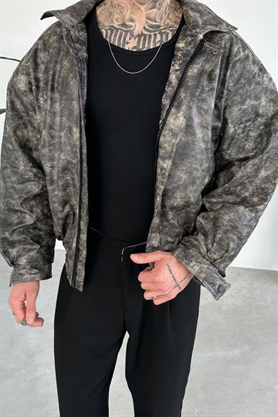 Acid Wash Gri Bomber Oversize Deri Ceket