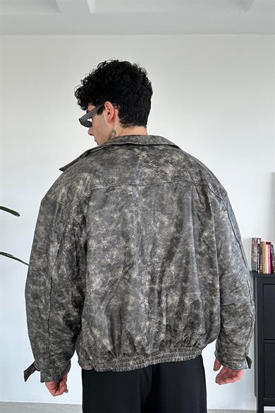 Acid Wash Gri Bomber Oversize Deri Ceket