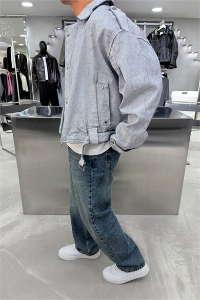 Acid Wash Gri Kemer Detaylı Yıkamalı Ceket