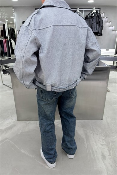 Acid Wash Gri Kemer Detaylı Yıkamalı Ceket
