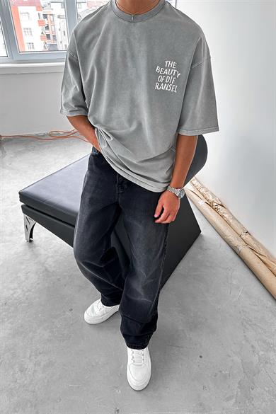 Acid Wash Gri Ransel DL Oversize Tişört