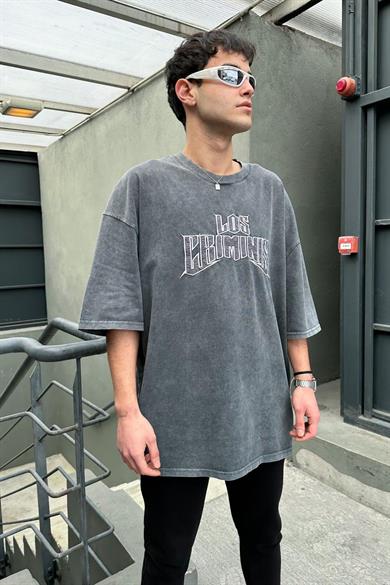 Acid Wash Los Nakış Detay Oversize Tişört