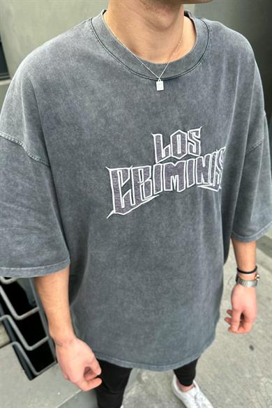 Acid Wash Los Nakış Detay Oversize Tişört