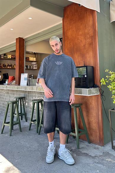 Acid Wash The Obey Nakış Detaylı PM Oversize Tişört