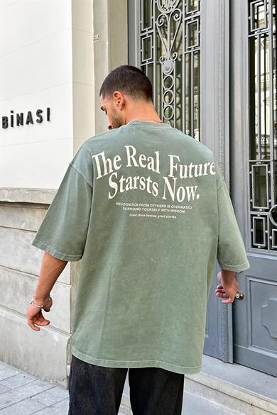 Acid Wash Yeşil Real Future PH Oversize Tişört